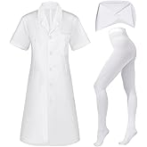 Yanbuny 3 Pcs Halloween Nurse Costume Include White Short Sleeve Lab Coat,Nurse Hat and Pantyhose for Women Party Dress Up