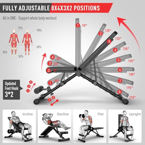 JOROTO Adjustable Weight Bench, Full Body Workout Strength Training Bench Press Foldable Incline Decline Bench Sit Up Exercise Equipment for Home Gym 700lbs/800lbs/1000lbs