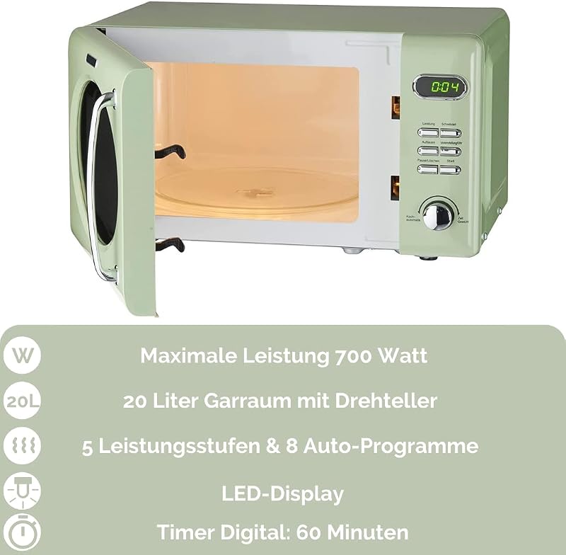 Retro Stand Mikrowelle WMW720 I 700W Mikrowellenleistung I 20L Garraum I5 Leistungsstufen I 8 Garprogramme IAuftaufunktion I Metall-Gehäuse I Drehteller (24,5cm) I LED-Display (Green) — Foto 2 von 6