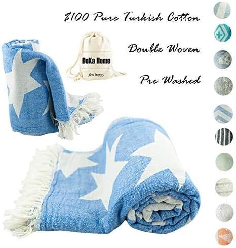 DoKa Home Turkish Towel - Full Cotton Peshtemal - Turkish Bath Towel 39x70 inches - Pre Washed, More Softly, Beach, Bath, Spa, Hammam, Super Soft Towels (Star Design Blue Colors)