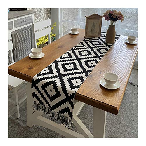 Knbob Cotton Linen Black White Geometric Puzzle Pattern with Tassels Table Runner Autumn Size 32 x 220 cm