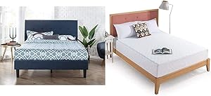 Zinus Omkaram Upholstered Platform Bed with Wood Slat Support, Full & 10 Inch Gel-Infused Green Tea Memory Foam Mattress, Full