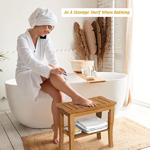 Bamboo Shower Bench with ShelfWaterproof Wood Shower Stool for Inside