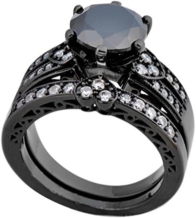 Bamos Jewelry Womens Black Stone Six Claw White CZ Black Gold Plated Engagement Wedding Ring Set Size 9