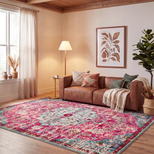SAFAVIEH Boho Teppich fuer Wohnzimmer, Esszimmer, Schlafzimmer - Madison Collection, Kurzer Flor, Fuchsia und Blaugruen, 240 x 300 cm