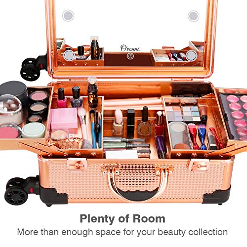 Ovonni Makeup Train Case with Bluetooth Speaker, Free Standing Portable Makeup Station with Lighted Mirror, Cosmetic Organizer Box for Makeup Storage, Rolling Artists Travel Studio for Women