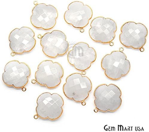 Rainbow Moonstone Gemstone Connector, 24x20mm Clover Shape 24k Gold Plated Single Bail Connector (RM-10238)