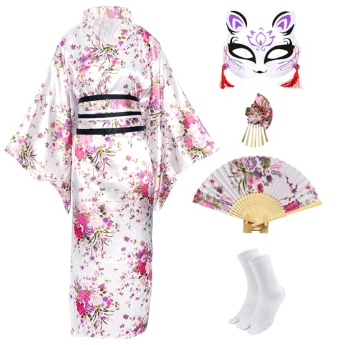 CRFASIBE 5 Pieces Long Kimono for Women, Japanese Kimono Robes with Sakura Print, Gift Set Japanese Cosplay Costume with Accessories | Japonés Style Yukata con Estampado, Disfraz de Cosplay con Accesorios, Ideal para Carnaval, Fiestas y Celebraciones
