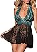 FENTI Women's Deep V Halter Turquoise Lace Trim Backless Babydoll and G-String