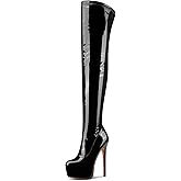 Aachcol Patent Leather Over The Knee Stiletto Boots Platform Thigh High Boots Round Toe Side Zipper Sexy Dress High Heel Boots 5.9 Inches Heels