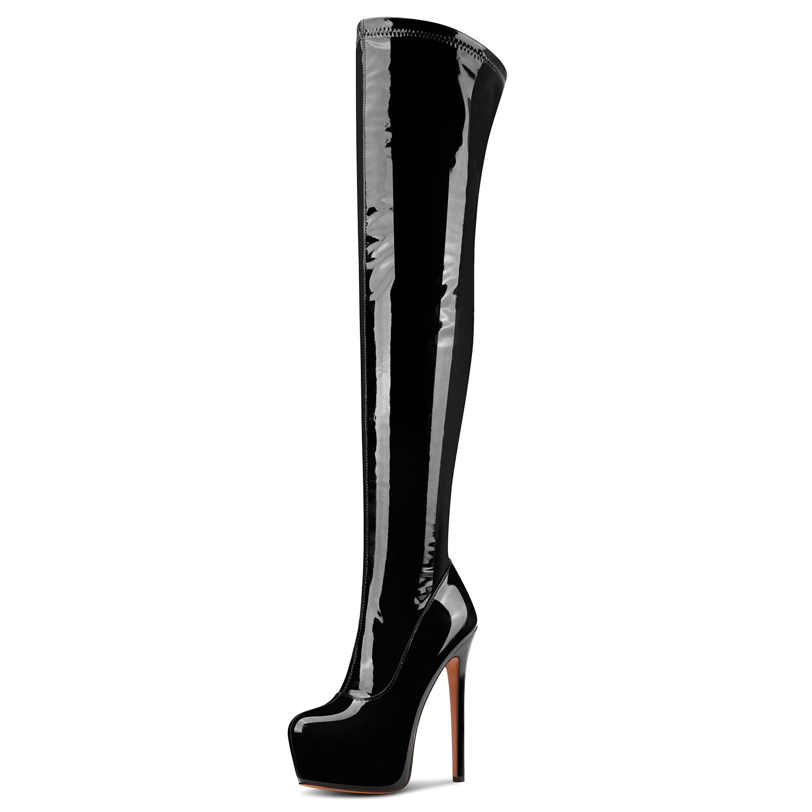 Photo 1 of Aachcol Patent Leather Over The Knee Stiletto Boots Platform Thigh High Boots Round Toe Side Zipper Sexy Dress High Heel Boots 5.9 Inches Heels Black 9 M US