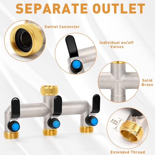 OPERMAXER 3-Way Tap Water Distributor, 304 Stainless Steel Handle, 3/4 Inch Brass Water Connection Distributor with Individual Shut-off Valves, 3 x 3/4 Inch Distributor Outlets for Appliances/Garden Hoses