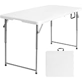 Folding Table 4 Foot, Adjustable Height Plastic Fold-in-Half Table, White | 4ft Heavy Duty HDPE Tabletop,Portable Design,Carrying Handle,Indoor Outdoor Use,Camping &amp; Party