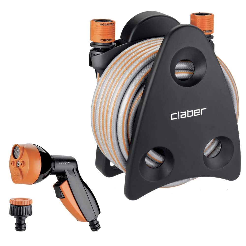 Claber Mini-Set Balcony, Hose Reel with Accessories, Wall-Mounted, with 10 m Hose and Multifunction Pistol