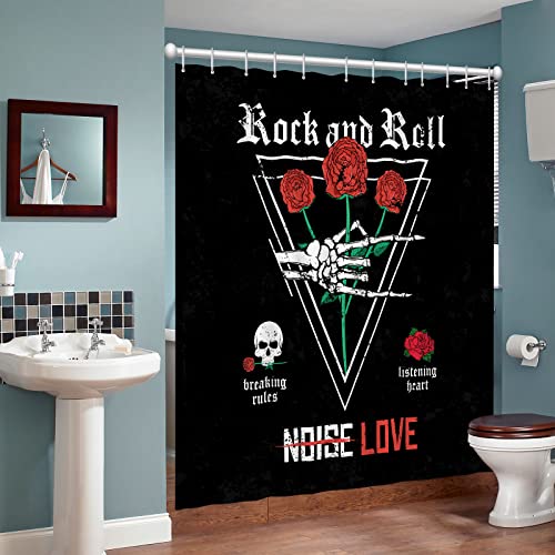 Mokonate Rock and Roll Skull Love Music Shower Curtain Funny Gothic Skull and Rose Black Backdrop Bathroom Decor Set Waterproof Fabric Polyester Bath Accessories with 12 Hooks 72\'\'×72\'\'