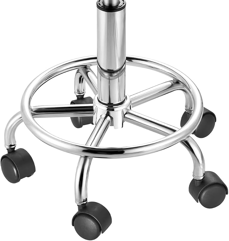 Taburete con Ruedas, Asiento Acolchado y Respaldo bajo de Piel sintética, Base con reposapiés de Acero Giratorio 360°, Altura Regulable, Ideal para esteticistas, Bares, cocinas, restaurantes — foto 8 de 8