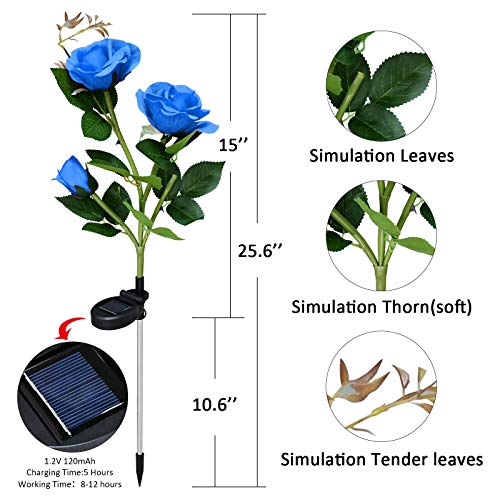 Solar Outdoor Lights, 2 Pack Garden Decor Lights Solar Powered Waterproof with 6 Roses Flowers, Garden Solar Lights Decorative Stake Lights for Garden, Courtyard, Backyard, Patio (Blue)