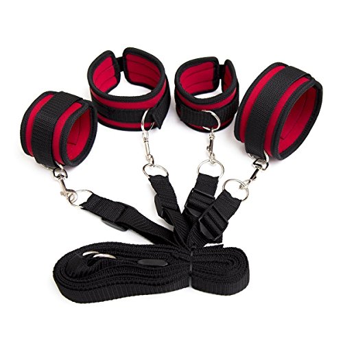 Under Bed restraintromance restraint Kit,Adjustable Extra-Strength Strap with Velcro Adjustable Soft Wrist and Ankle Cuffs Red