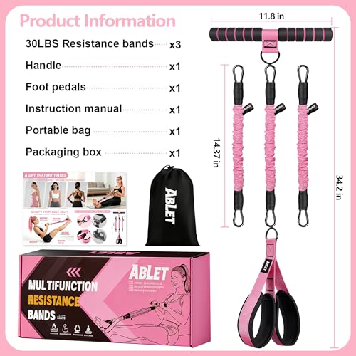 3 Tube Pedal Resistance Band with Handle, Upgraded Multifunction Adjustable Home Workout Equipment for Women, Full Body Toning Bands for Abs Core Waist Arms Legs Glutes, Sit Up Exercise Tool
