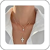Andelaisi Boho Layered Crystal Cross Necklace Vintage Cross Crucifix pendant Necklace Gold CZ Teardrop Choker Necklace Adjustable Religious Cross Chain Necklace Jewelry for Women