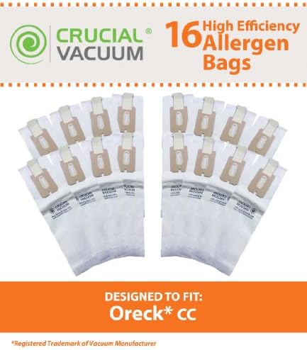 16 High Efficiency Paper Vacuum Bags for Oreck Type CC &amp; XL Vacuums; Compare to Oreck Part Nos. CCPK8, CCPK8DW; Designed &amp; Engineered by Crucial Vacuum