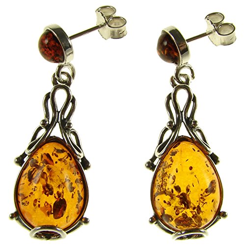 BALTIC AMBER AND STERLING SILVER 925 DESIGNER COGNAC DANGLING STUD EARRINGS JEWELLERY JEWELRY