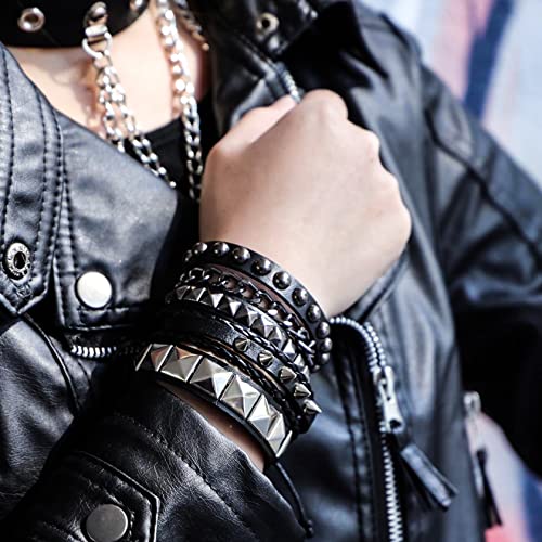Eigso 4 Pcs Punk Leather Rock Studded Bracelets for Men Women Retro Classic Spiked Metal Cuff Bracelet Set for Man Woman