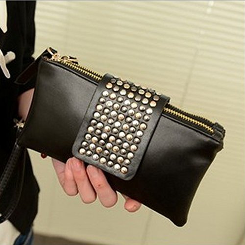 New Women's Leather Handbag Mosaic Rivets Shoulder Day Clutch Evening Bag Wallet Purse Wrist Bag (Black)