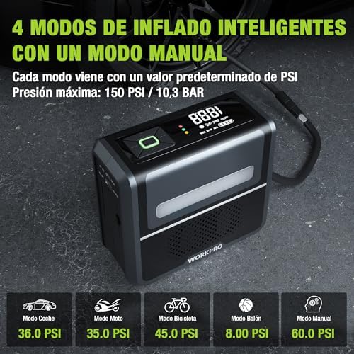 Compresor Aire Portátil 3 en 1, Luz LED Power Bank
