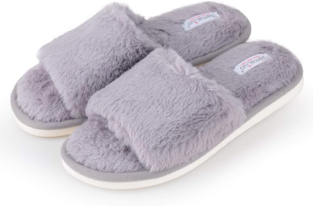 WINSHARE Memory Foam Fluffy Open Toe House Slippers for Women — Womens Non-Slip Outdoor Fuzzy Fur Shoes