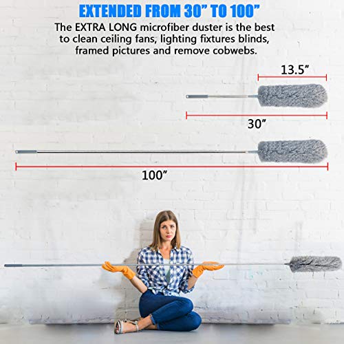 Upgrade Extra Long Microfiber Duster with Telescoping Extension Pole (30" to 100") and Bendable Washable Head, Hypoallergenic Lint Free Duster for Cleaning Roof, Blinds, Cobwebs,Ceiling Fan, Furniture