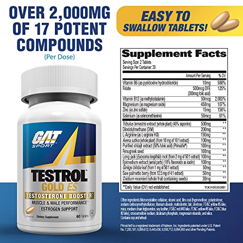 GAT SPORT Testrol Gold ES, Tribulus, DIM, Zinc, Longjack, Fenugreek, Saw Palmetto, Estrogen Balance, 60 Tablets