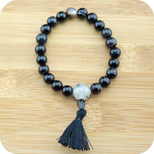 Wrist Mala Bracelet with Black Sardonyx Agate &amp; Tourmilated Quartz Crystal - Beaded Yoga Jewelry Prayer Bracelets - Meditative Wisdom