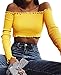 PRETTODAY Women's Sexy Off Shoulder Crop Tops 4 Colors Summer Long Sleeves Casual Slim Tees (Small, Yellow)