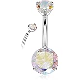 PEAKLINK Titanium Belly Button Ring 14G Belly Jewelry Navel Bar Internally Threaded Belly Barbell with Double Cubic Zircon Navel Jewelry Navel Belly Piercing for Women 8 10 12 14mm