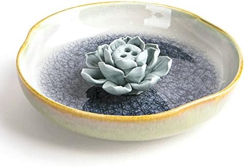 Artcer Ceramic Handmade 3 holes Lotus Incense Holder and Burner Ice-cracked Ash Catcher Plate Ashtray