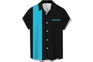 LZZIDOU Men's Vintage Bowling Shirts 1950s Casual Short Sleeve Button Up Contrast Shirt Summer Color Block Cuban Shirts