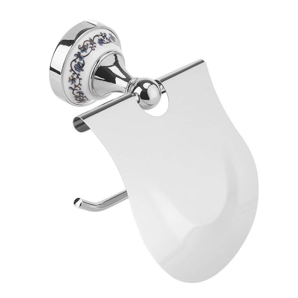 Yosoo Classic Bathroom Toilet Roll Paper Holder with Baffle Waterproof Wall Mounted Blue and white Porcelain Pattern (Silver)