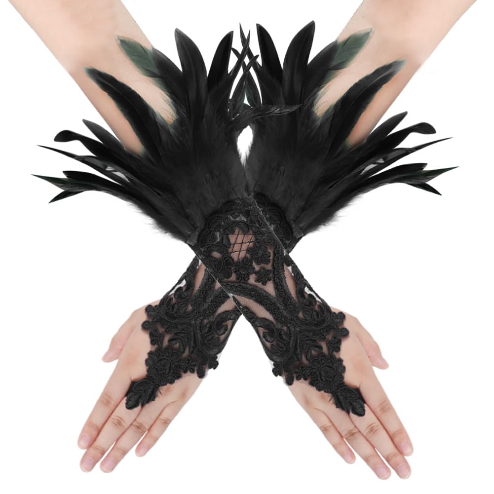 Feather Lace Long Gloves - Gothic Opera Gloves for Halloween, Fancy Dress, Carnival & Mardi Gras - Cosplay & Evening Party Wear