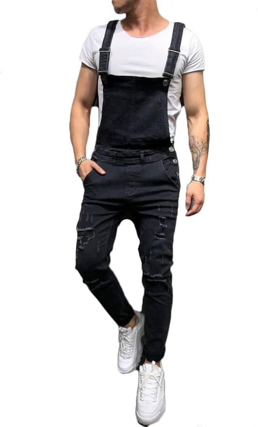 black ripped jean overalls