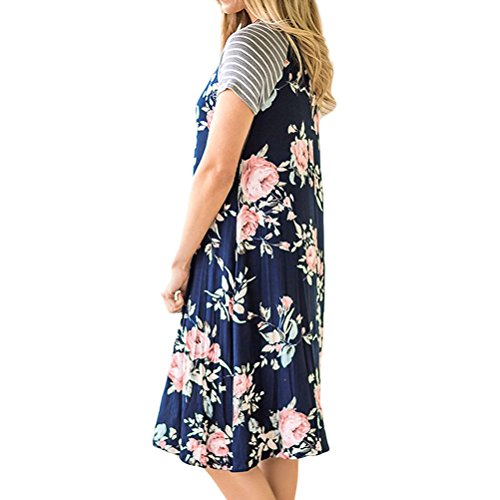 Women Striped Short Sleeve Round Neck Floral Printed A-line Midi Dress Navy