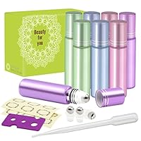 Pack of 8, 10ml Glass Roll on Bottles with Stainless Steel Roller Balls for Essential Oil-- Include 3 Extra Roller ball, 12 Pieces Labels, Essential Oils Opener, 3ml Dropper