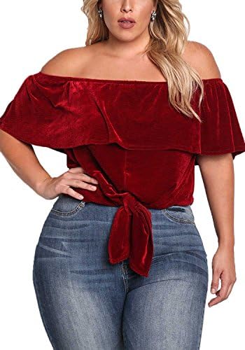 Debshops Womens Plus Size Velvet Tie Front Off Shoulder Top 3XL Burgundy