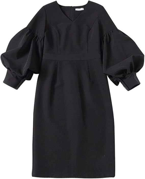 Amazon 春夏 シンプル パフスリーブ ワンピース ドレス タイトスカート コクーン レディース Vネック 長袖 ひざ丈 無地 ブラック 切り替え フェミニン 大人 欧米 Ol 通勤 スイート 着痩せ 大きいサイズ ワンピース チュニック 通販