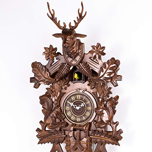 Polaris Clocks Cuckoo Clock in Black Forest Style with Night Mode Option and Hand Carved Deer Head (Brown, Deer & Squirrels)