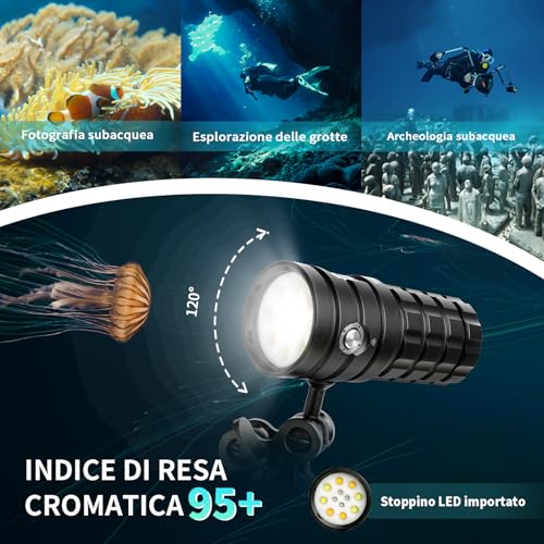 Sursnong SR 10000 Lumens Diving Video Torch - Professional Diving Flashlight with 95 CRI, 6500K White Light, for Diving/Underwater Photography/Videography (IP68 Waterproof, 120m Depth)