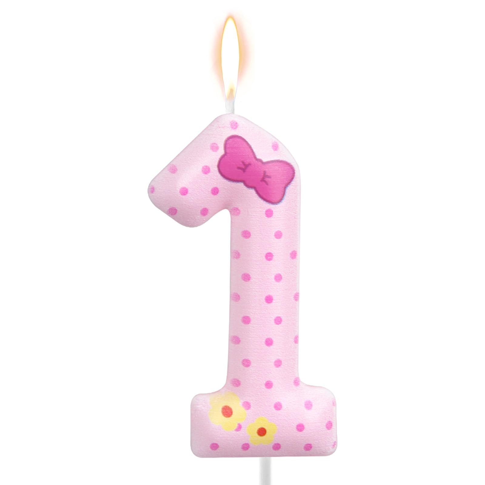 Photo 1 of Pink Bow Number Birthday Candles, Polka Dot Candles Cartoon Cat Birthday Decorations Candle Cake Topper for Girls Women Wedding Anniversary Party Supplies (Number 1)