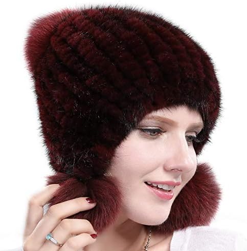 Womens Winter Hat Knitted Mink Fur Hats Fox Pom Pom