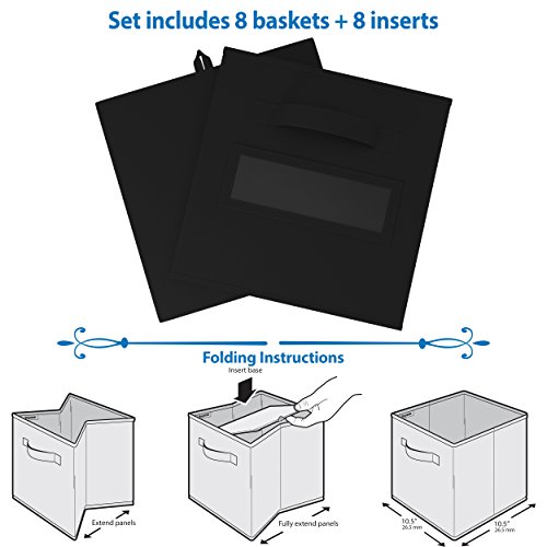 Royexe - Storage Cubes - (Set Of 8) Storage Baskets | Features Dual Handles & 10 Label Window Cards | Cube Storage Bins | Foldable Fabric Closet Shelf Organizer | Drawer Organizers And Storage (Black)