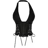 SOLY HUX Women's Plus Size Halter Tops PU Leather Deep V Neck Lace Up Backless Sleeveless Summer Crop Tank Top